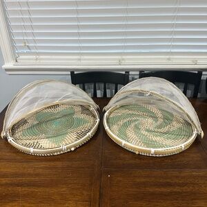 Set Of 2 Rattan & Bamboo Sea Grass Outdoor Tray Food Mesh Cover 18” Round Picnic